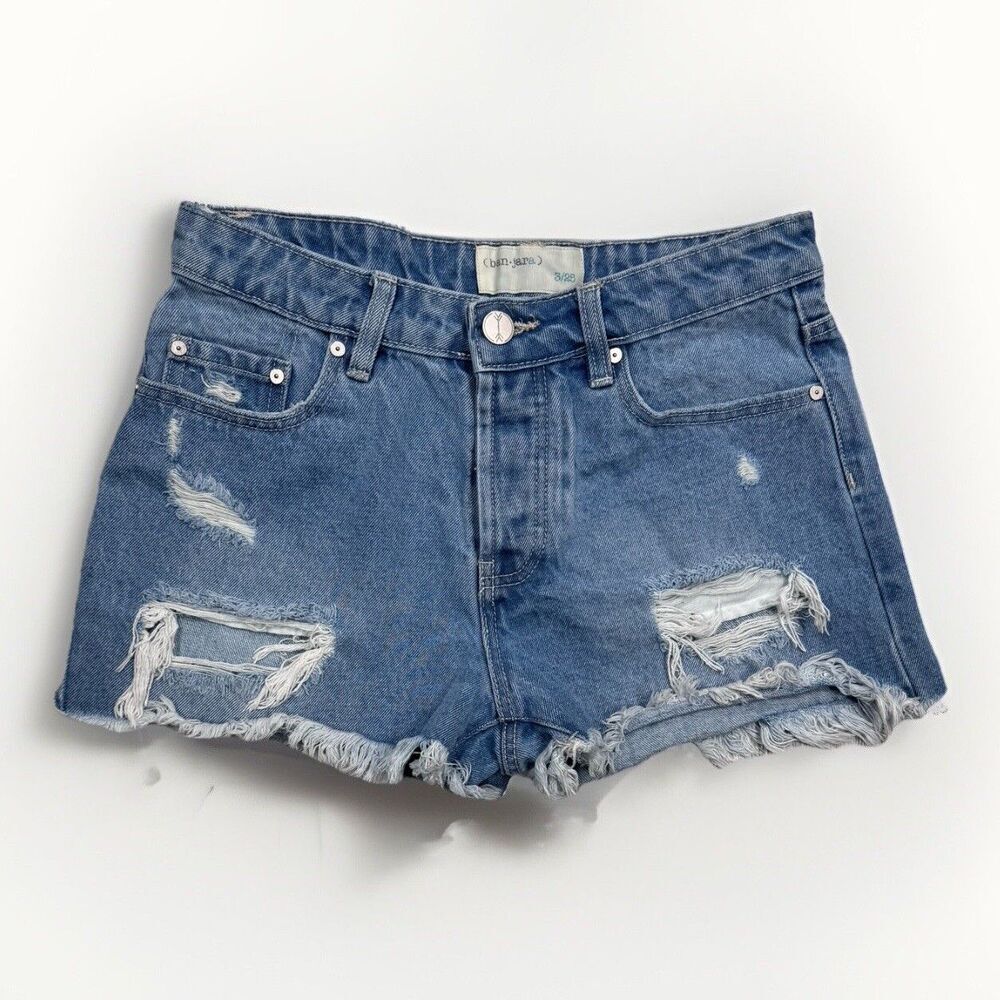 Ban Jara Shorts Juniors 3/25 Button Fly Blue Cotton Distressed Measures W27